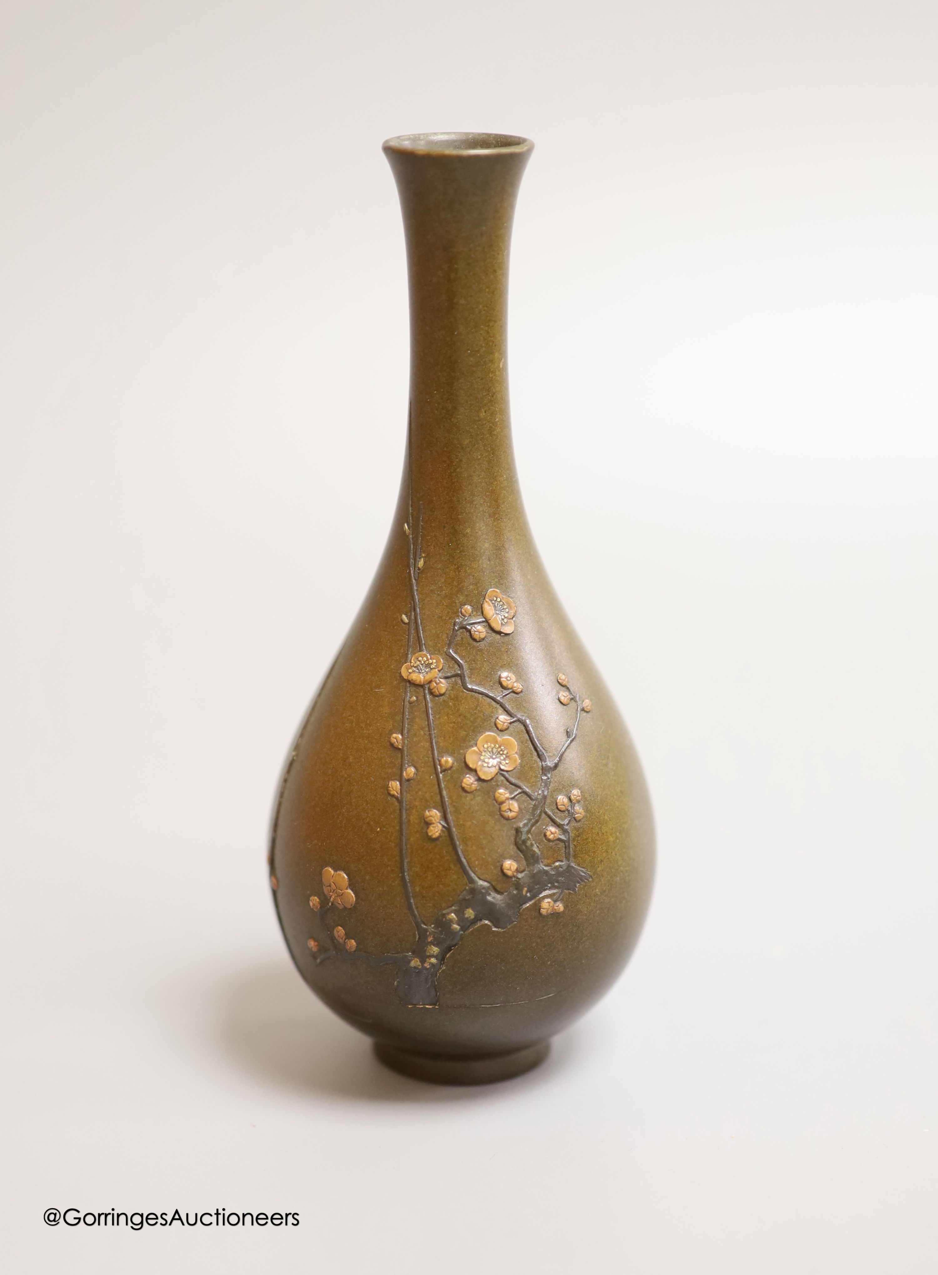 A fine Japanese Meiji period inlaid bronze vase, height 14cm, seal script mark to base
